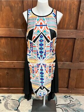 Bisou Bisou Black Dress with Multicolor Geometric Print